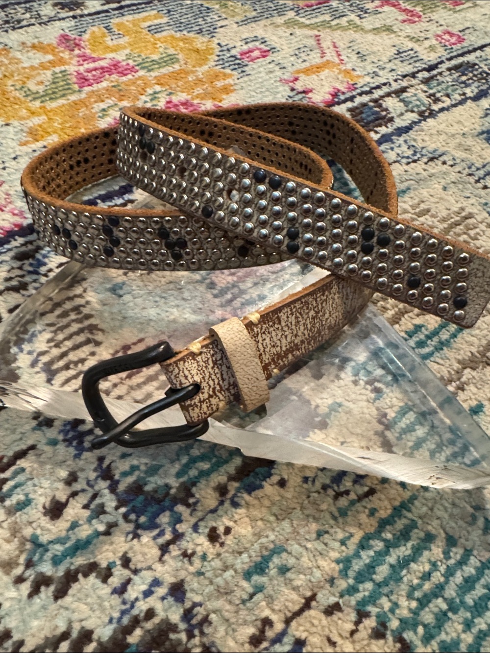 Diesel Beige Leather Studded Belt with Black Buckle
